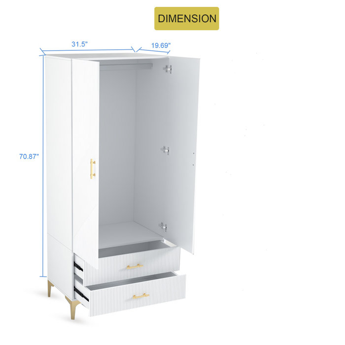 Mercer41 Rahmeir 2 Door 2 Drawers, White Armoires, Wardrobe